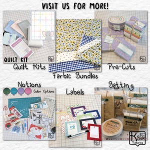 Op de afbeelding: Een collage van quiltbenodigdheden, waaronder quiltkits, stoffenbundels, voorgesneden stoffen, fournituren, labels en vulling. De afbeelding toont verschillende stoffen met bloemen- en geometrische patronen, samen met naai-gereedschap en accessoires. Tekst omvat "Quilt Kits", "Farbic Bundles" en "Pre-Cuts".