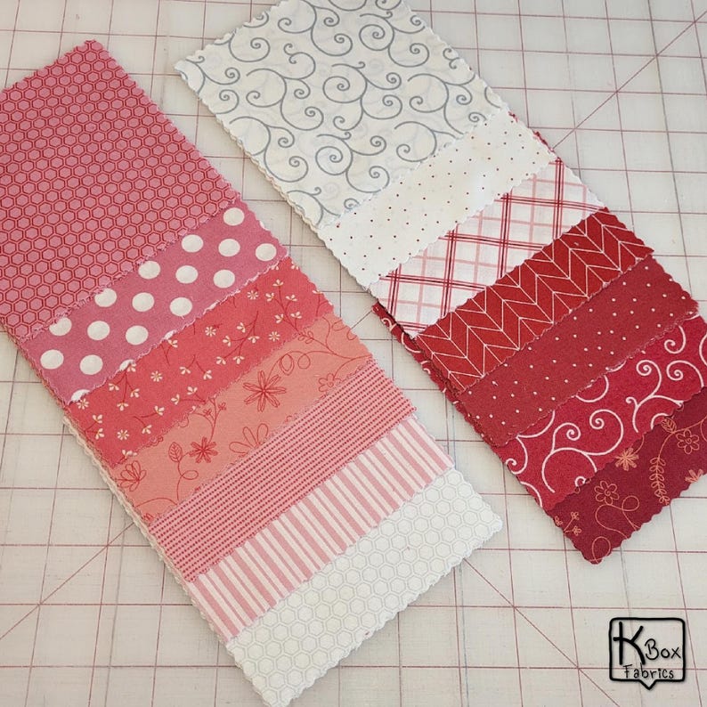 Precut bundle 5" charm pack fabric stacker includes 42 square 5" x 5" pieces. Kimberbell Basics The Be Mine line from Maywood Studio. Red, Pink and White quality quilting cotton fabric charm pack. Precut quilting cotton squares great blenders for quilting and embroidering. Great fabric bundle for quilters and crafters.