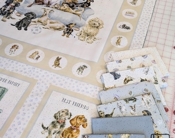 7 Fat Quarter & 1 Panel Bundle Cute Dogs Quality Quilting Cotton Fabric Pretty Puppies in Gray White and Blue Great Quilter or Sewer Gift