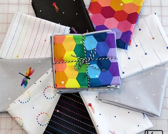 9 Fat Quarter Bundle Bright Rainbow Geometric Shapes Stars Imagine Collection Black & White Quality Cotton Fabric Precut Pack Great DIY Gift