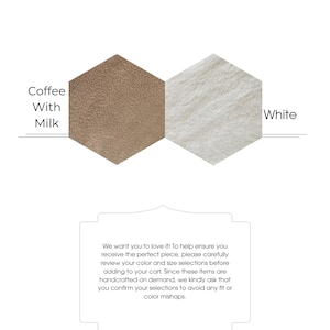 May include: Image showing cushion color options: "Coffee With Milk" and "White". The text "Cushion Color Options" is at the top. A message below asks to review color and size selections before adding to cart to avoid any fit or color mishaps.