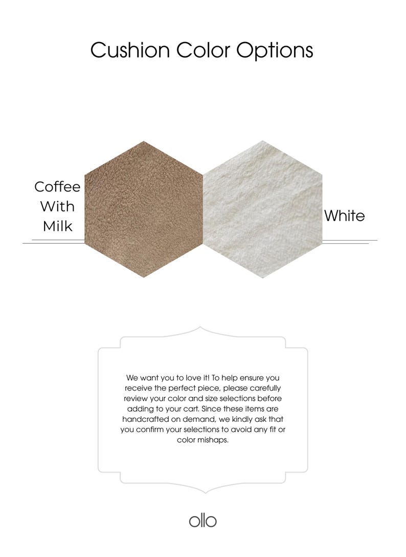 May include: Image showing cushion color options: "Coffee With Milk" and "White". The text "Cushion Color Options" is at the top. A message below asks to review color and size selections before adding to cart to avoid any fit or color mishaps.