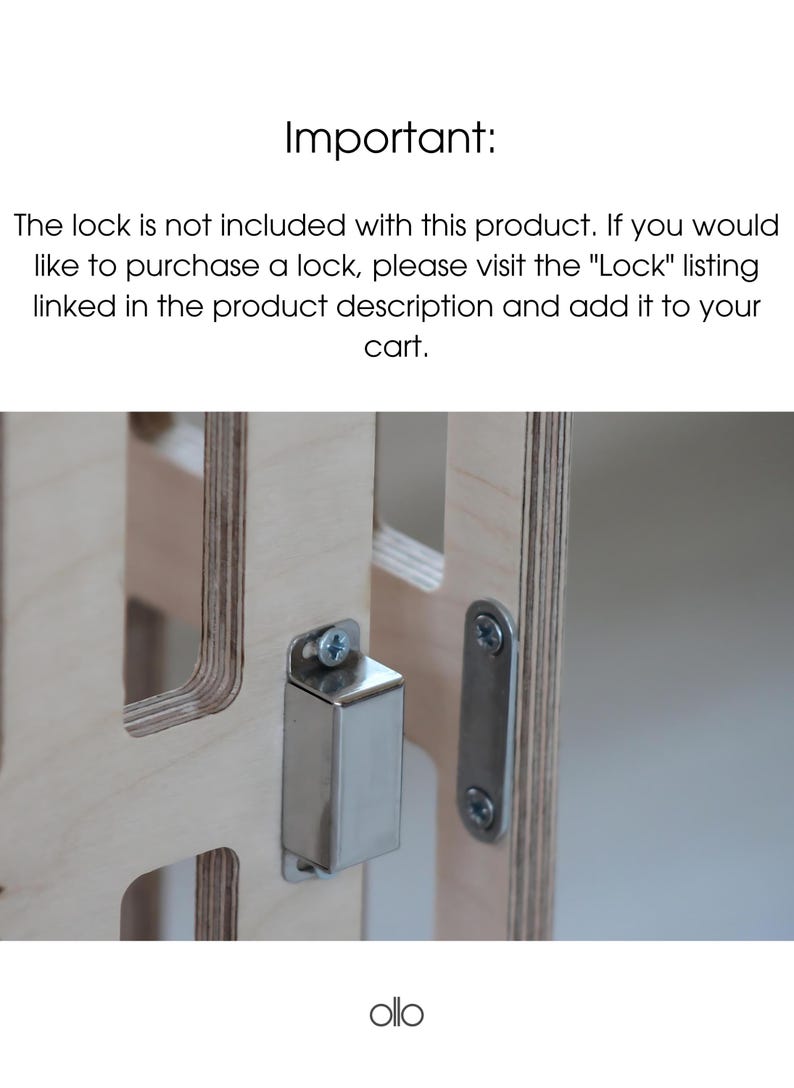 May include: Close-up of a light-colored wooden structure with a silver metal latch and a metal plate secured with screws. The text "Important:" is at the top, with additional text below.
