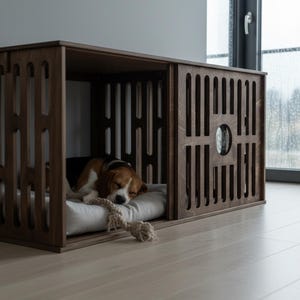 Może przedstawiać: Drewniana klatka dla psa w kolorze ciemnobrązowym ze śpiącym beagle w środku. Klatka ma geometryczny wz&oacute;r i okrągłe okno. Pies leży na białej poduszce z zabawką ze sznurka.