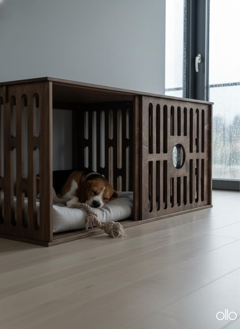Może przedstawiać: Drewniana klatka dla psa w kolorze ciemnobrązowym ze śpiącym beagle w środku. Klatka ma geometryczny wz&oacute;r i okrągłe okno. Pies leży na białej poduszce z zabawką ze sznurka.