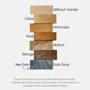 May include: Image showing wood varnish color options: Without Varnish, Clear, Afromosia, Teak, Walnut, Wenge, and Dark Gray. Text reads "Varnish Colour Options" and "New Color!". The image also includes a note about wood characteristics.