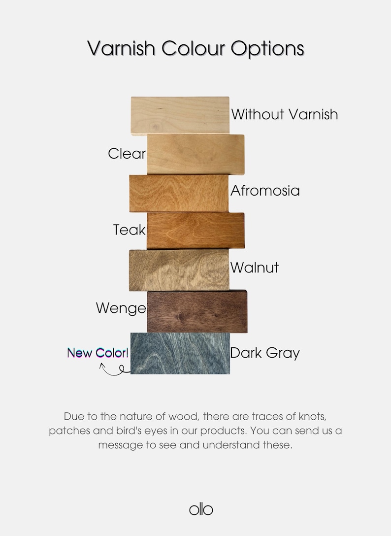 May include: Image showing wood varnish color options: Without Varnish, Clear, Afromosia, Teak, Walnut, Wenge, and Dark Gray. Text reads "Varnish Colour Options" and "New Color!". The image also includes a note about wood characteristics.