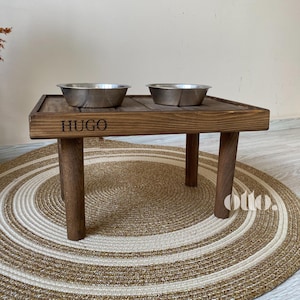 Personalized Wooden Elevated Dog Feeder Stand, Modern Pet Bowl