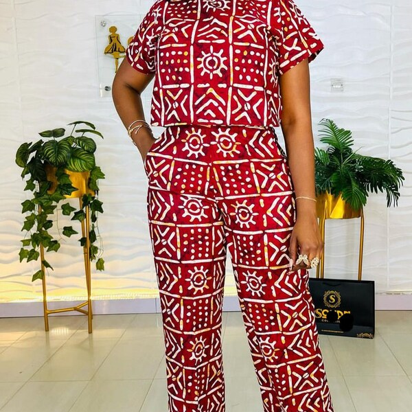 Ensemble haut court et pantalon africain deux pièces pour femme/Vêtements africains pour femmes/Ensemble deux pièces africain/Robes africaines/Robes d'Ankara