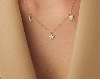 14K Gold Sun and Moon Necklace, Moon and Star Necklace, Moon Necklace, Star Necklace, Gold Star Necklace, Sun Necklace, Gift For Her