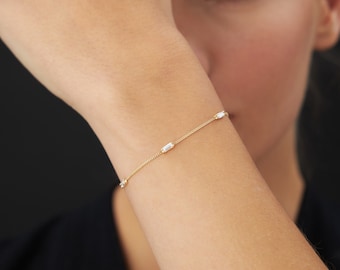 14K Gold Baguette Bracelet, Dainty Bracelet, Minimal Bracelet, Couples Bracelet, Gift For Her