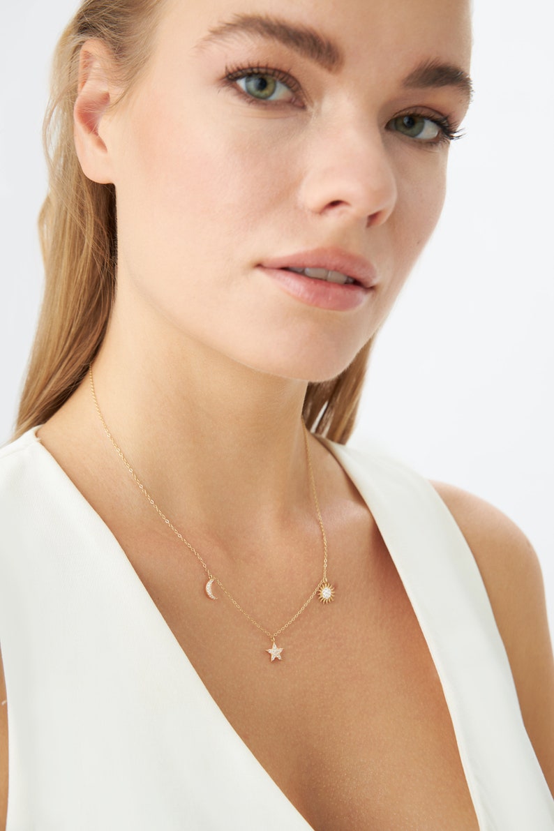 14K Gold Sun and Moon Necklace, Moon and Star Necklace, Moon Necklace