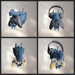 May include: Four different 3D printed dragon wall mounts, each with a different colour scheme. The mounts are designed to hold a video game controller and headphones. The controllers are black and the headphones are black with a blue and white design.