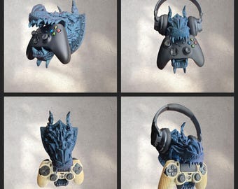 3D Printed Dragon Head Wall Mount, Controller & Headphone Holder, Gamer Decor
