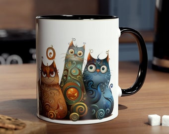 Cartoon Cats, Ceramic Two-Tone Coffee Mugs, 11oz, Cat Mug, Feline, Gift Idea, Cat Lover, Cat Mom, Cat Dad, Colorful Cat Mug, Mugs and Cups