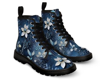 Women's Canvas Boots Blue and White Daisy Design Trendy Boots Blue Combat Boots Fashionable Boots for Women Comfortable Combat Boots