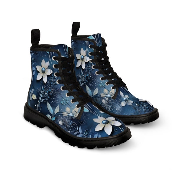 Women's Canvas Boots Blue and White Daisy Design Trendy Boots Blue Combat Boots Fashionable Boots for Women Comfortable Combat Boots