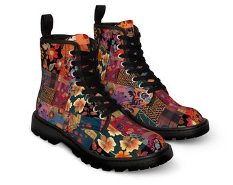 Women's Canvas Boots Patchwork and Flowers Design, Comfortable Combat Boots, Boho