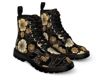 Women's Canvas Boots Gold Flowers Fashionable Boots for Women Trendy Combat Boots Comfortable Boots