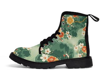 Women's Canvas Boots Spring Pattern in Yellow and Green Trendy Boots Boho Art Boots Combat Boots for Women