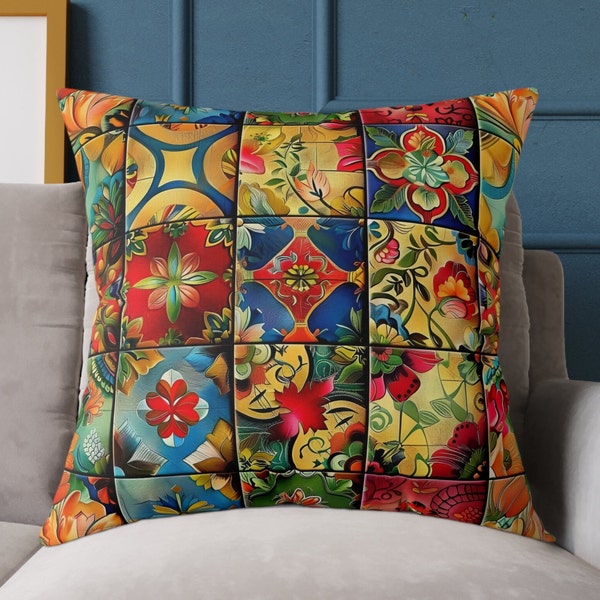 Patchwork Design Square Poly Canvas Pillow Interior Decor Cushions and Pillows Living Room Decor Bedroom Decor Soft Furnishings