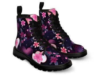 Women's Canvas Boots Hearts and Flowers Design Comfortable Combat Boots Trendy Women's Boots Boho