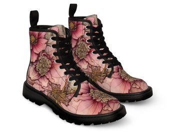 Women's Canvas Boots, Pink Peony Women's Boots, Canvas Boots for Women