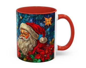 Stained Glass Santa Mug, Christmas Floral Design, Festive Holiday Cup