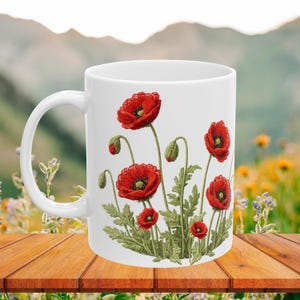 Red Poppy Botanical Mug | Ceramic Coffee Cup image 2