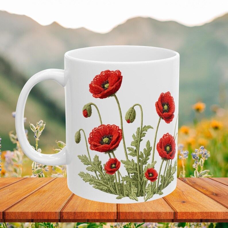 Red Poppy Botanical Mug | Ceramic Coffee Cup image 2