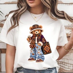 Camiseta con estampado de oso de patchwork / Camiseta con oso de peluche con atuendo bohemio