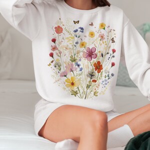 Vintage sweatshirt met geperste bloemen, boho cottagecore-trui, pastelkleurige botanische bloemen ronde hals, sweater Fairycore Wildflowers