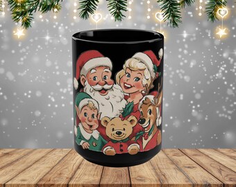 Retro Weihnachtstasse: Feiertags-Zeichen, Santa, Rentier, Elf