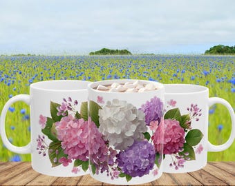Hydrangea Floral Cluster Mug | Purple Pink White Flower Coffee Cup