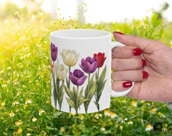 Colorful Tulips Watercolor Mug | Spring Floral Coffee Mug | Gift for Flower Lovers