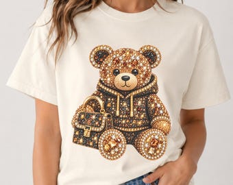Glamorous Teddy Bear Rhinestone Print T-Shirt, Brown Gold Fashion Graphic Tee, No Real Stones