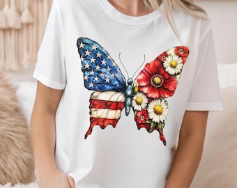 Patriotic Butterfly Graphic Tee: American Flag Floral Cotton Shirt