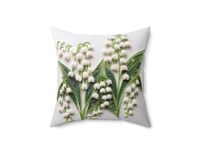 Printed Embroidery Lily of the Valley Pillow, Birthday gift, Gift Giving, Faux Embroidered Bright  Flowers Garden Lovers