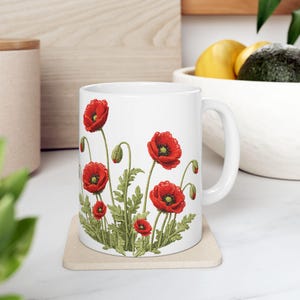 Red Poppy Botanical Mug | Ceramic Coffee Cup image 6