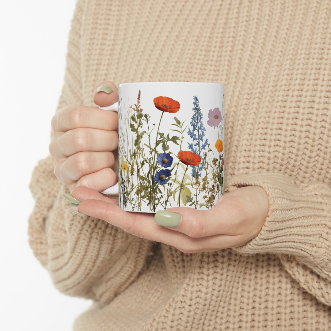 Pressed Flowers Mug, Boho Wildflowers Cottagecore Coffee Mug, Vintage ...