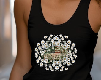 May include: A black tank top with a white daisy design. The daisies surround a distressed American flag.