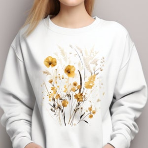 Vintage sweatshirt met geperste bloemen, boho cottagecore-trui, pastelkleurige botanische bloemen ronde hals, Fairycore oversized sweater met wilde bloemen