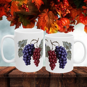 Autumn Harvest Mug Grapevine Coffee Mug - Red and Purple Grapes Mug, Gift for wine lovers mug, Autumn Gift Mug, October Fest Mug,