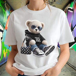 Monogram Designer Tshirt, Hustler Bear, Luxe Bear Street Wear, Hip Hop Bear, urban dtf,duffle bag, graffiti bear graphic tee,luxury design