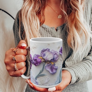 Embroidered Iris Flower Mug: Boho Cottagecore Floral Tea Cup