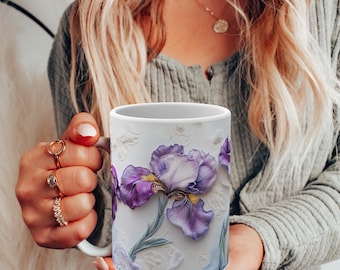 Embroidered Iris Flower Mug: Boho Cottagecore Floral Tea Cup