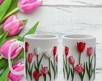 3D Tulip Flower Mug: Pastel Floral Botanical Tea Cup (15oz)