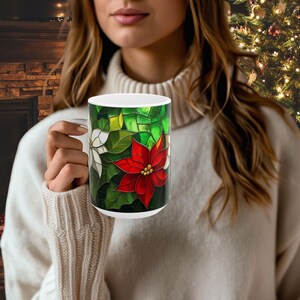 Christmas Flowers on Stained Glass Mug Festive Poinsettias and Holly Holiday Coffee Cup Christmas Gifts, Holiday Decor, Festive Home Accents