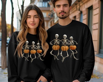 Dancing Skeletons Sweater-Halloween Unisex Long Sleeve Tee  Lounge Set-Spooky Dance-Festive Atmosphere-Fun and Bold Style-Make a Statement