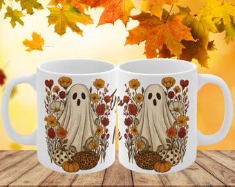花柄ゴーストマグ：ハロウィンコーヒーカップ、心地よい秋の装飾